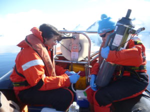 Dr Alison Webb and Dr Jacqueline Stefels sampling water