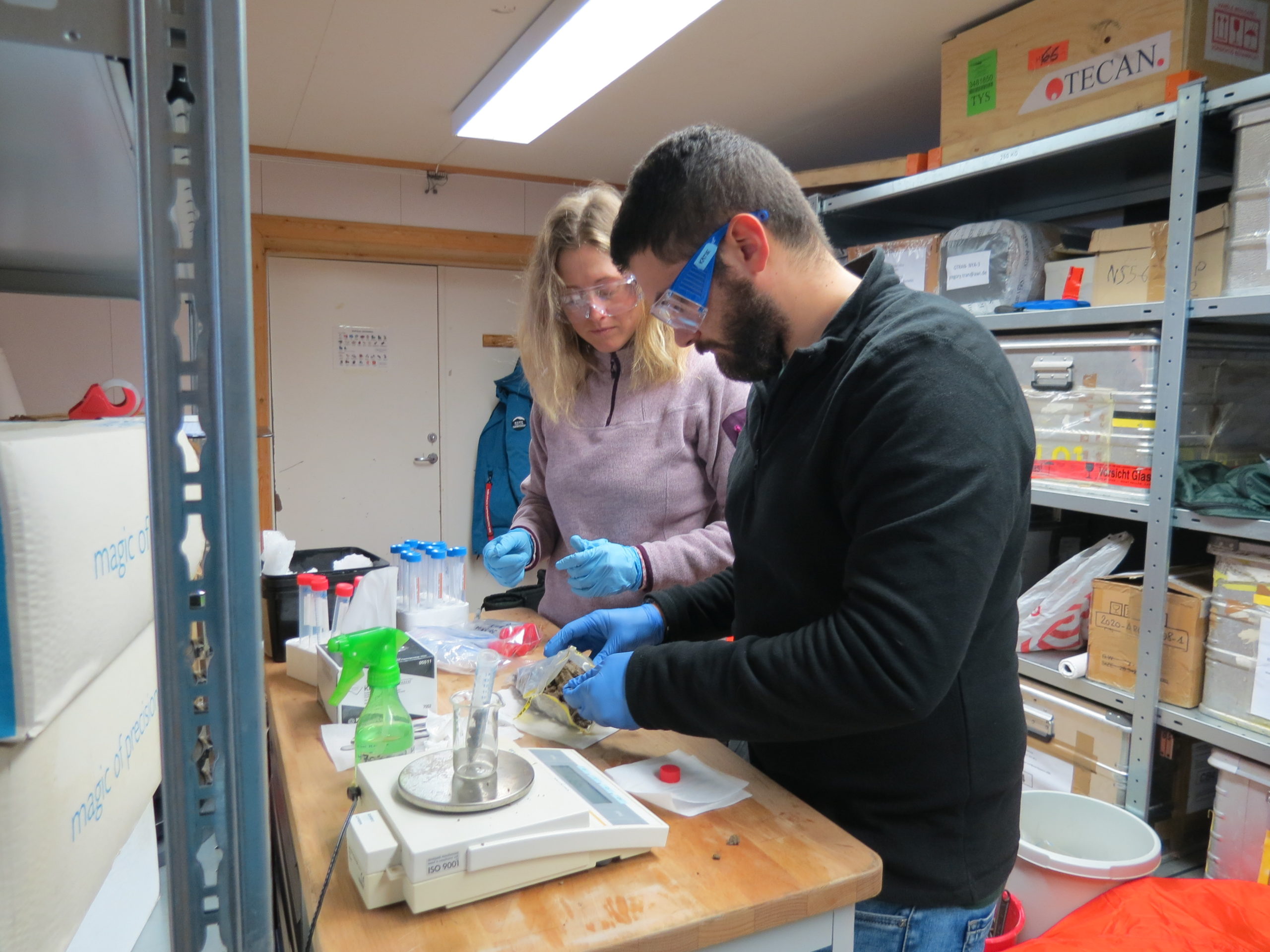 sampling core material into sterile tubes for analyses