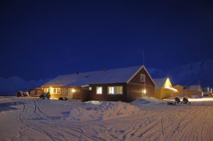 Station in the snow at night